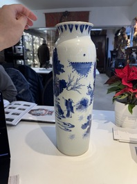 A fine Chinese blue and white sleeve vase with narrative design, Transitional period