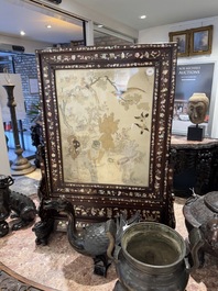 A Chinese mother-of-pearl-inlaid wooden table screen with silk embroidery, Canton, 19th C.