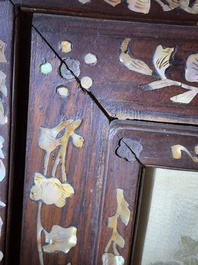 A Chinese mother-of-pearl-inlaid wooden table screen with silk embroidery, Canton, 19th C.