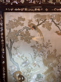 A Chinese mother-of-pearl-inlaid wooden table screen with silk embroidery, Canton, 19th C.