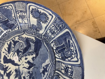 A large Chinese blue and white 'kraak' dish with geese among lotus flowers, Wanli