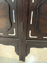 A Chinese four-fold wooden room divider with famille rose 'Romance of the Western Chamber' plaques, Republic