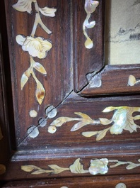 A Chinese mother-of-pearl-inlaid wooden table screen with silk embroidery, Canton, 19th C.