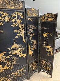 A Chinese gilt-lacquered wooden five-panel folding screen with birds and dragons, 19th C.