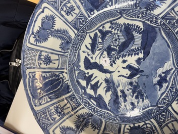 A large Chinese blue and white 'kraak' dish with geese among lotus flowers, Wanli