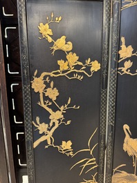 A Chinese gilt-lacquered wooden five-panel folding screen with birds and dragons, 19th C.
