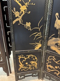 A Chinese gilt-lacquered wooden five-panel folding screen with birds and dragons, 19th C.