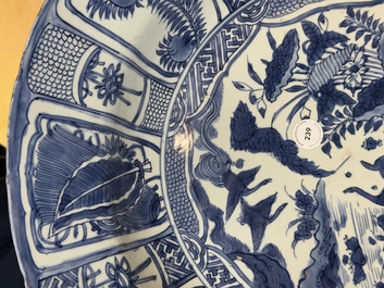 A large Chinese blue and white 'kraak' dish with geese among lotus flowers, Wanli