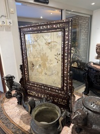 A Chinese mother-of-pearl-inlaid wooden table screen with silk embroidery, Canton, 19th C.