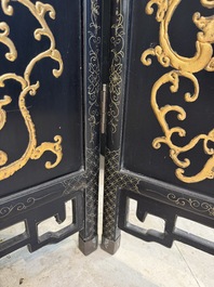 A Chinese gilt-lacquered wooden five-panel folding screen with birds and dragons, 19th C.