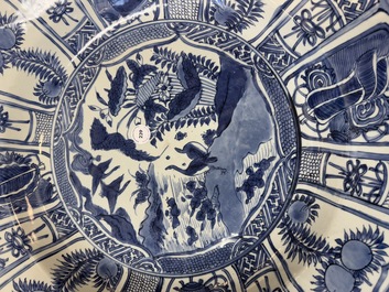 A large Chinese blue and white 'kraak' dish with geese among lotus flowers, Wanli
