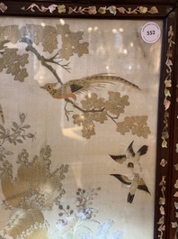 A Chinese mother-of-pearl-inlaid wooden table screen with silk embroidery, Canton, 19th C.