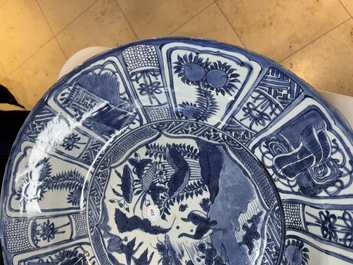 A large Chinese blue and white 'kraak' dish with geese among lotus flowers, Wanli
