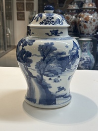 A Chinese blue and white 'Mongolian hunt' vase and cover, Kangxi