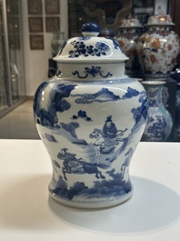 A Chinese blue and white 'Mongolian hunt' vase and cover, Kangxi