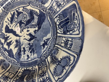 A large Chinese blue and white 'kraak' dish with geese among lotus flowers, Wanli