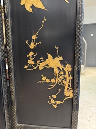 A Chinese gilt-lacquered wooden five-panel folding screen with birds and dragons, 19th C.