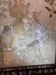A Chinese mother-of-pearl-inlaid wooden table screen with silk embroidery, Canton, 19th C.