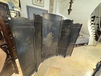 A Chinese gilt-lacquered wooden five-panel folding screen with birds and dragons, 19th C.