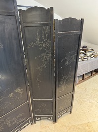 A Chinese gilt-lacquered wooden five-panel folding screen with birds and dragons, 19th C.