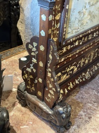 A Chinese mother-of-pearl-inlaid wooden table screen with silk embroidery, Canton, 19th C.
