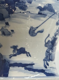 A Chinese blue and white 'Mongolian hunt' vase and cover, Kangxi