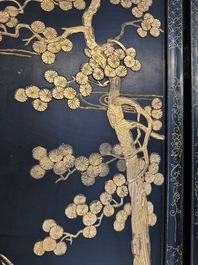 A Chinese gilt-lacquered wooden five-panel folding screen with birds and dragons, 19th C.
