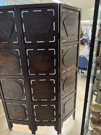 A Chinese four-fold wooden room divider with famille rose 'Romance of the Western Chamber' plaques, Republic