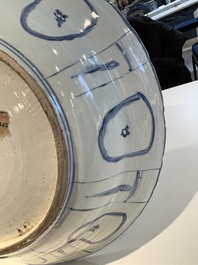A large Chinese blue and white 'kraak' dish with birds among flowering branches, Wanli