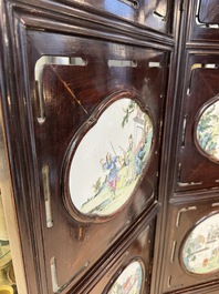 A Chinese four-fold wooden room divider with famille rose 'Romance of the Western Chamber' plaques, Republic