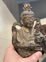A pair of fine Chinese gilt bronze heavenly kings on stand, Ming