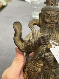 A pair of fine Chinese gilt bronze heavenly kings on stand, Ming