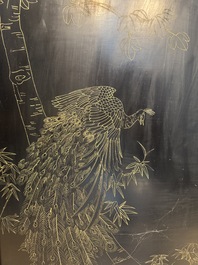 A Chinese gilt-lacquered wooden five-panel folding screen with birds and dragons, 19th C.