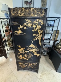 A Chinese gilt-lacquered wooden five-panel folding screen with birds and dragons, 19th C.