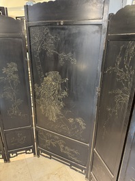 A Chinese gilt-lacquered wooden five-panel folding screen with birds and dragons, 19th C.