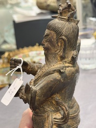A pair of fine Chinese gilt bronze heavenly kings on stand, Ming