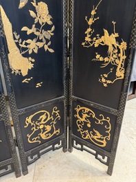 A Chinese gilt-lacquered wooden five-panel folding screen with birds and dragons, 19th C.
