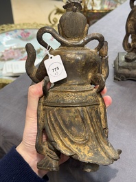 A pair of fine Chinese gilt bronze heavenly kings on stand, Ming