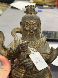 A pair of fine Chinese gilt bronze heavenly kings on stand, Ming