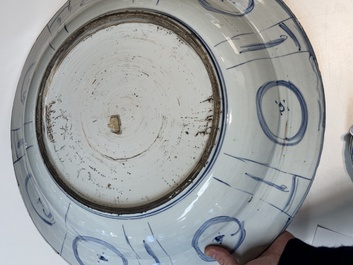 A large Chinese blue and white 'kraak' dish with geese among lotus flowers, Wanli