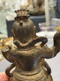 A pair of fine Chinese gilt bronze heavenly kings on stand, Ming
