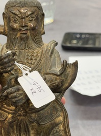 A pair of fine Chinese gilt bronze heavenly kings on stand, Ming