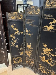 A Chinese gilt-lacquered wooden five-panel folding screen with birds and dragons, 19th C.