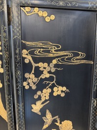 A Chinese gilt-lacquered wooden five-panel folding screen with birds and dragons, 19th C.