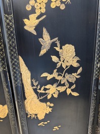 A Chinese gilt-lacquered wooden five-panel folding screen with birds and dragons, 19th C.