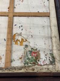 A Chinese mother-of-pearl-inlaid wooden table screen with silk embroidery, Canton, 19th C.