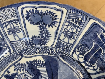 A large Chinese blue and white 'kraak' dish with geese among lotus flowers, Wanli