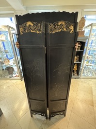 A Chinese gilt-lacquered wooden five-panel folding screen with birds and dragons, 19th C.