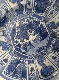 A large Chinese blue and white 'kraak' dish with birds among flowering branches, Wanli