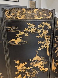 A Chinese gilt-lacquered wooden five-panel folding screen with birds and dragons, 19th C.